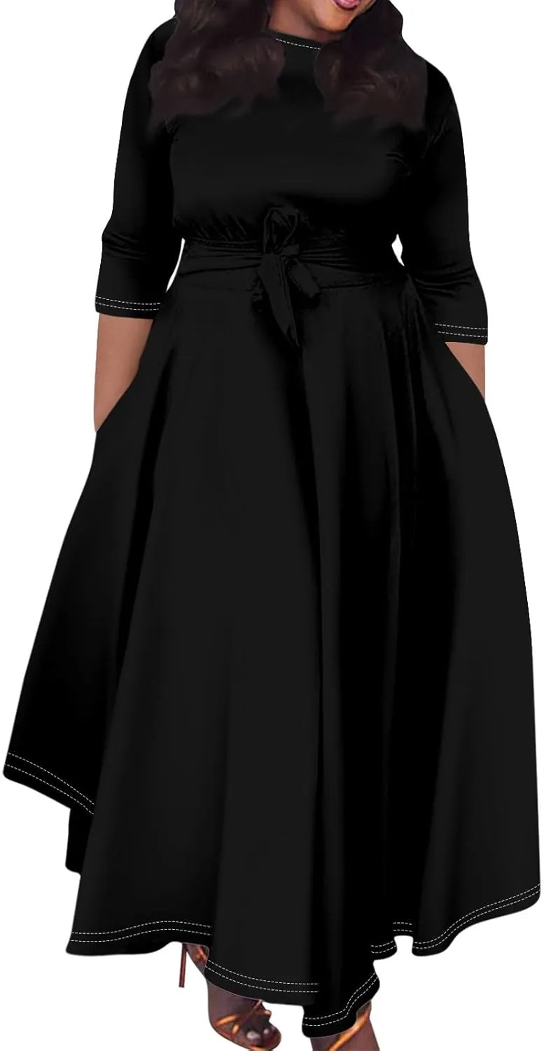 Trendy Plus Size Maxi Dresses for Women Formal Long Sleeve Elegant Floral 3/4 Sleeve Ruched Flowy A Line Long Dress