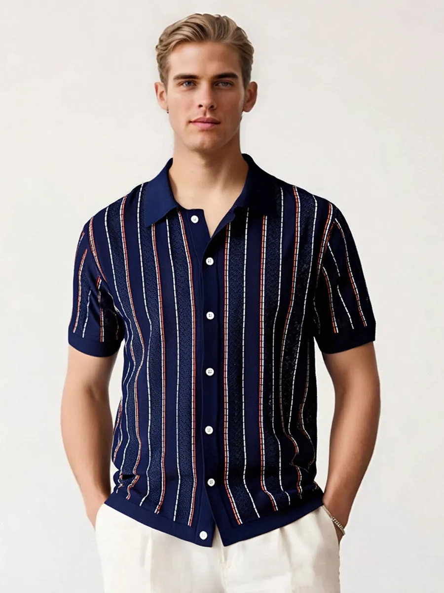 Vertical Striped Knit Button Up Shirt