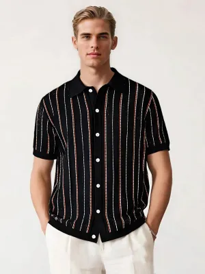 Vertical Striped Knit Button Up Shirt