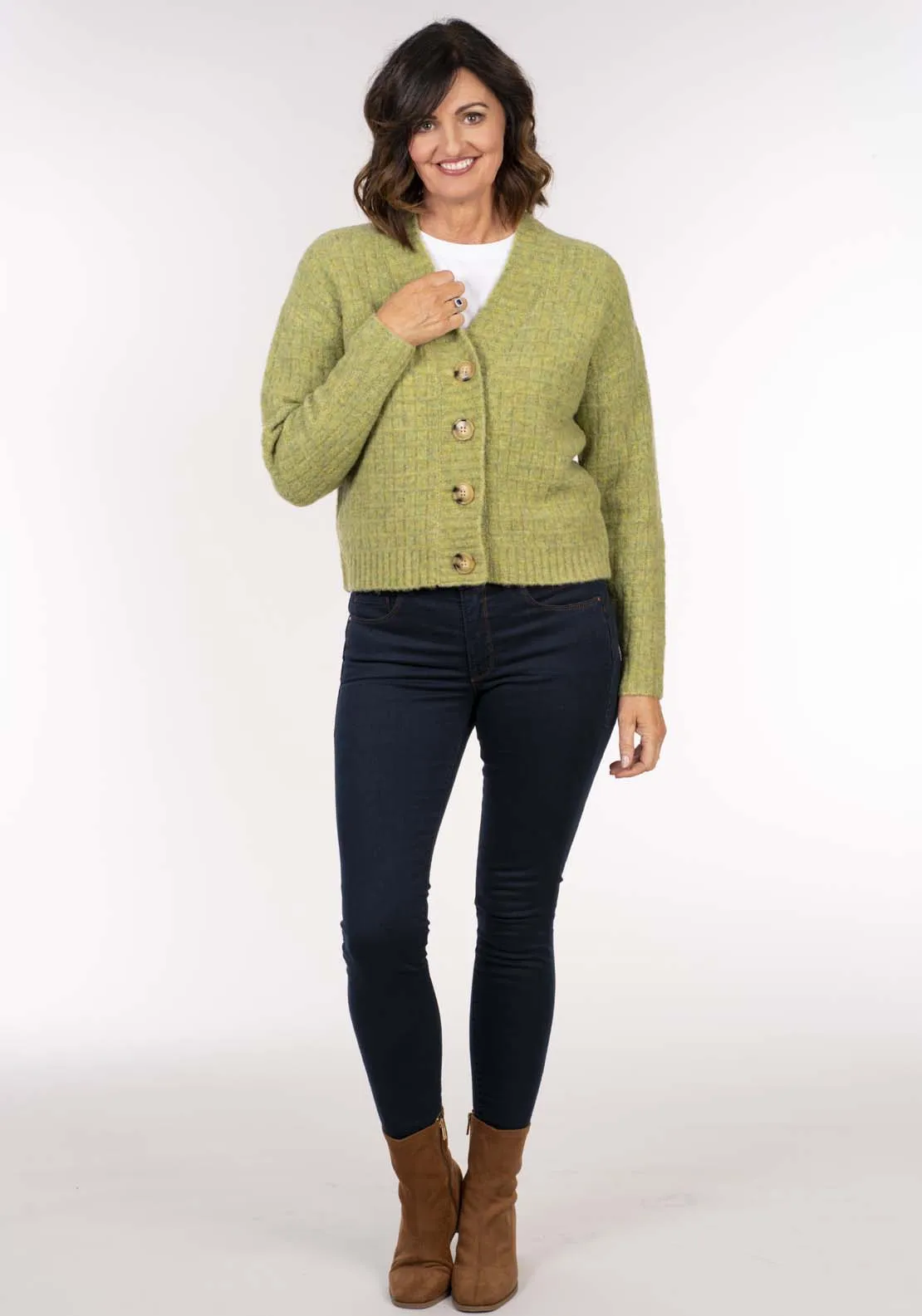 Waffle 3 Button Cardi - Green