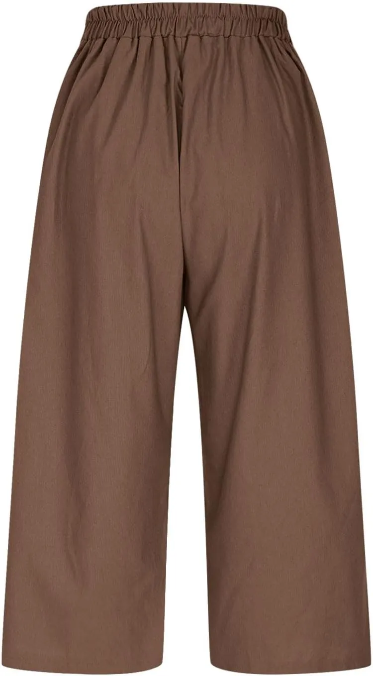 Wide Leg Cotton Linen Trousers for Women Casual Capri Pants Summer 3/4 Trouser Solid Color Elasticated Waist Yoga Pant