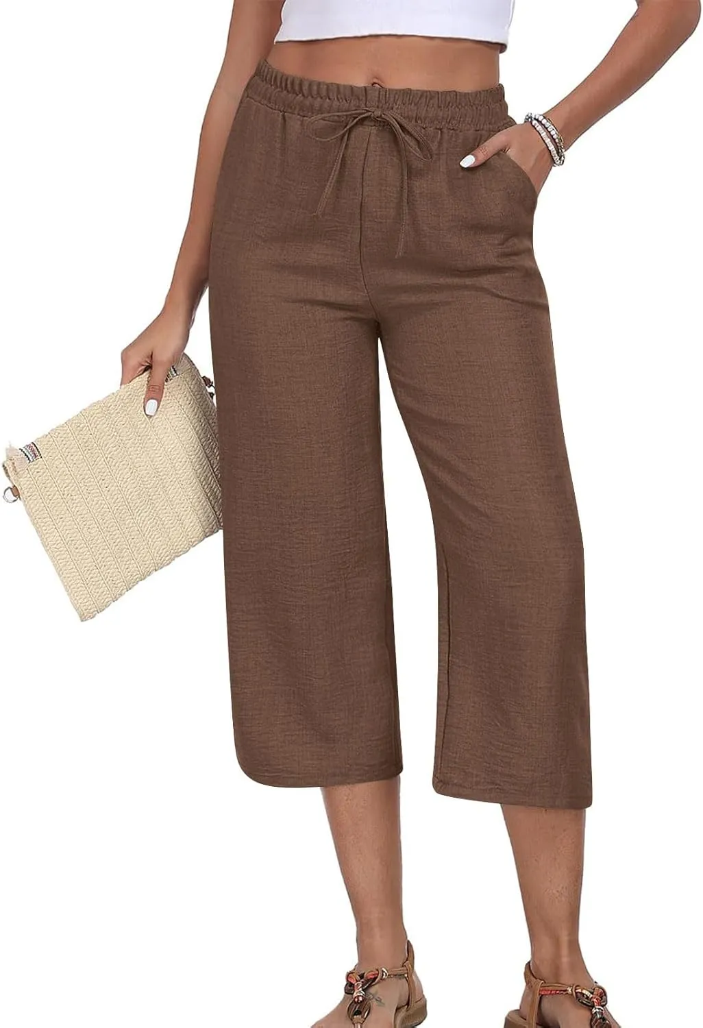 Wide Leg Cotton Linen Trousers for Women Casual Capri Pants Summer 3/4 Trouser Solid Color Elasticated Waist Yoga Pant