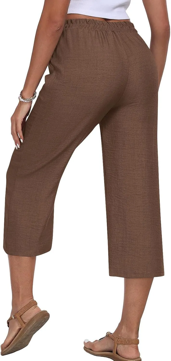 Wide Leg Cotton Linen Trousers for Women Casual Capri Pants Summer 3/4 Trouser Solid Color Elasticated Waist Yoga Pant