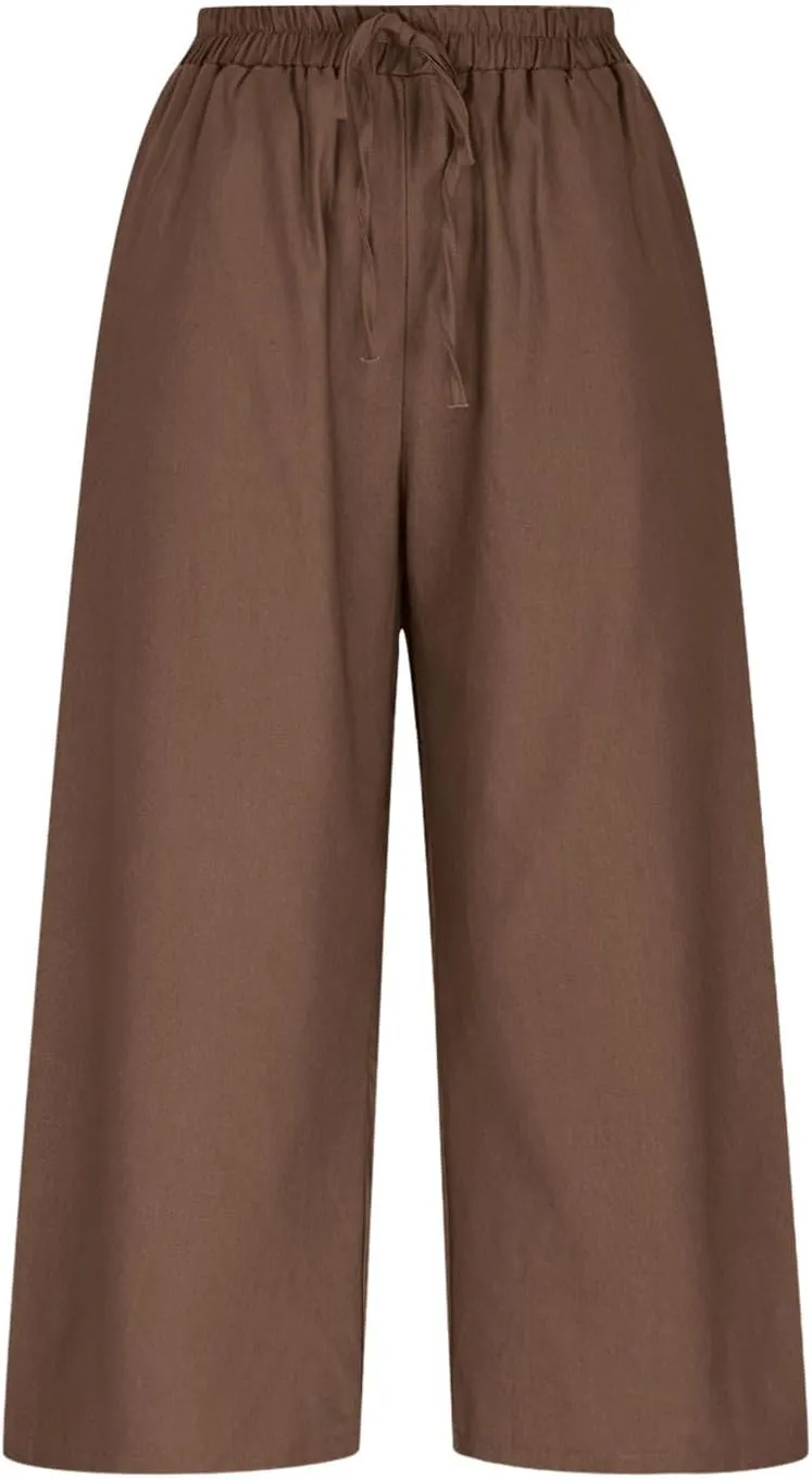 Wide Leg Cotton Linen Trousers for Women Casual Capri Pants Summer 3/4 Trouser Solid Color Elasticated Waist Yoga Pant