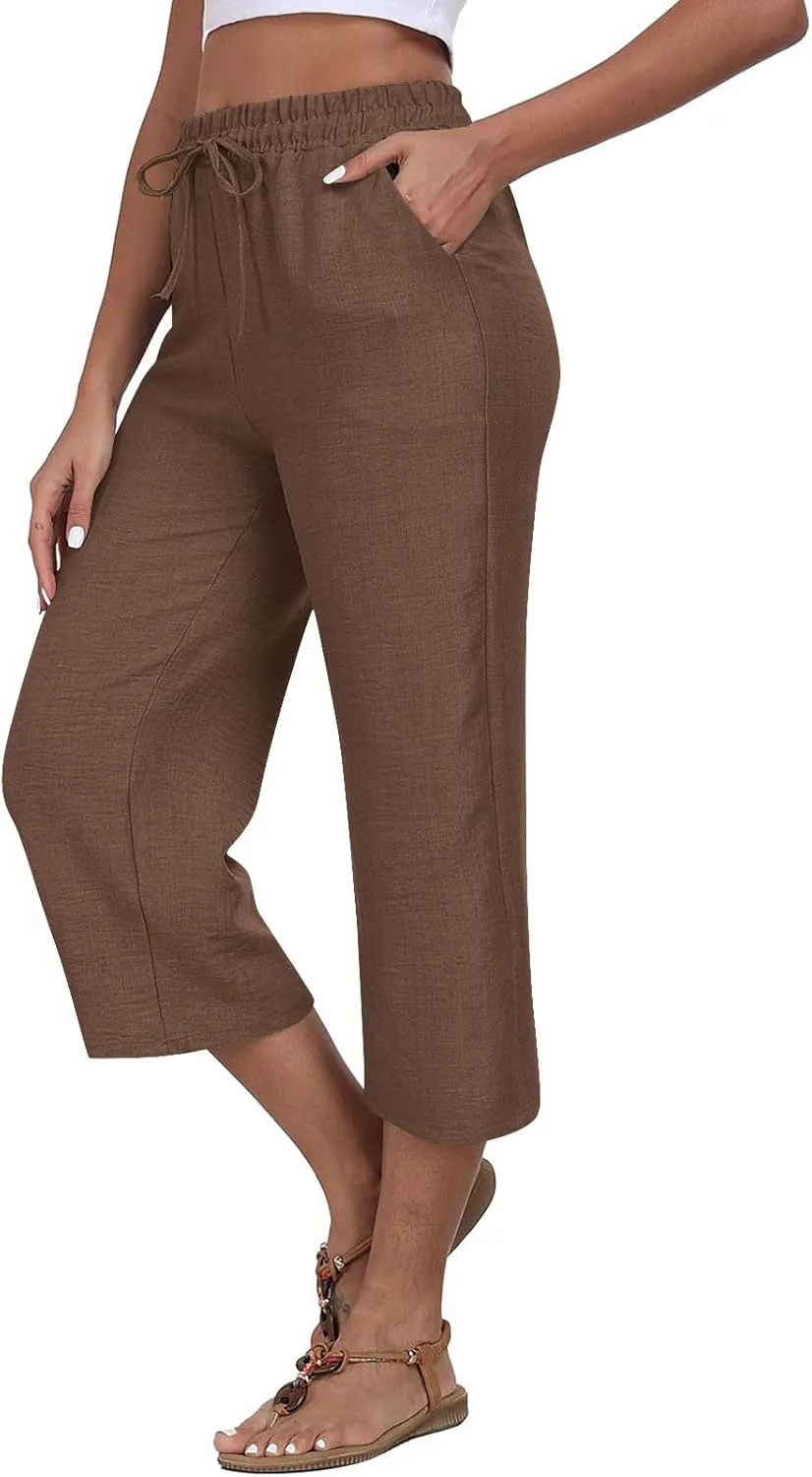 Wide Leg Cotton Linen Trousers for Women Casual Capri Pants Summer 3/4 Trouser Solid Color Elasticated Waist Yoga Pant