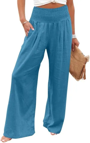 Women Linen Pants Wide Leg Pant Summer Smocked High Waisted Palazzo Pants Holiday Trouser Lounge Pant with Pockets