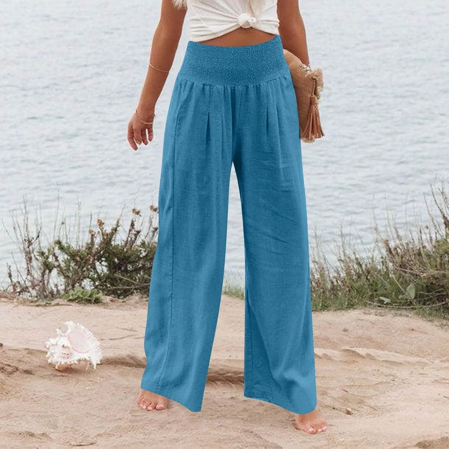 Women Linen Pants Wide Leg Pant Summer Smocked High Waisted Palazzo Pants Holiday Trouser Lounge Pant with Pockets