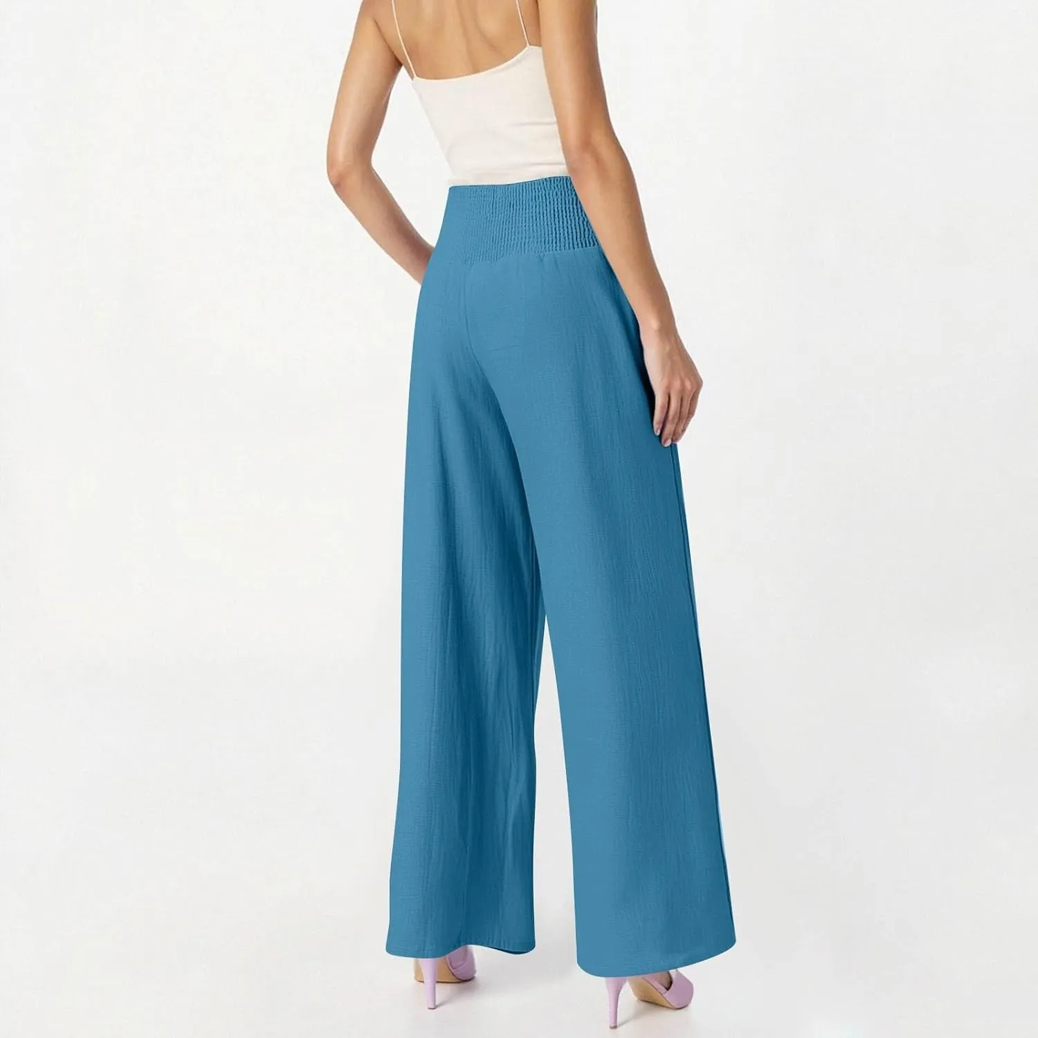 Women Linen Pants Wide Leg Pant Summer Smocked High Waisted Palazzo Pants Holiday Trouser Lounge Pant with Pockets