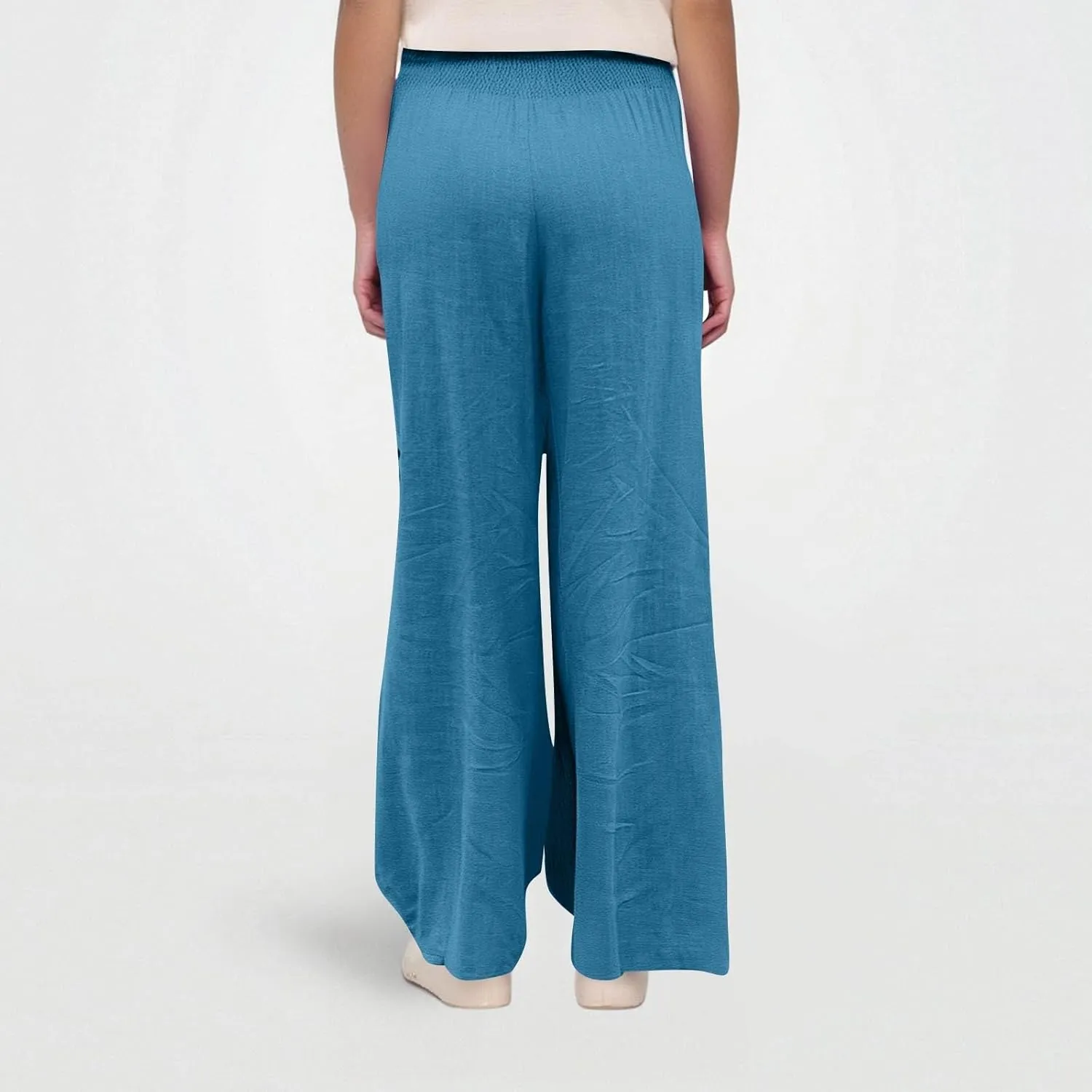 Women Linen Pants Wide Leg Pant Summer Smocked High Waisted Palazzo Pants Holiday Trouser Lounge Pant with Pockets