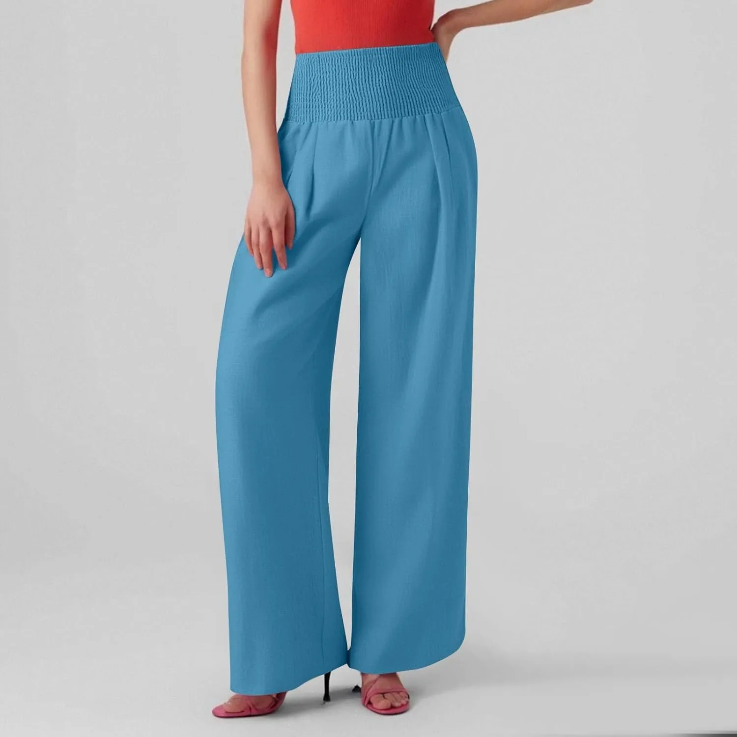 Women Linen Pants Wide Leg Pant Summer Smocked High Waisted Palazzo Pants Holiday Trouser Lounge Pant with Pockets