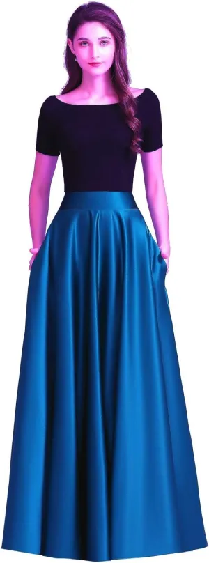 Women Long Satin Skirts A-Line Flared Maxi Skirts Floor Length Formal Prom Party Skirts with Pockets