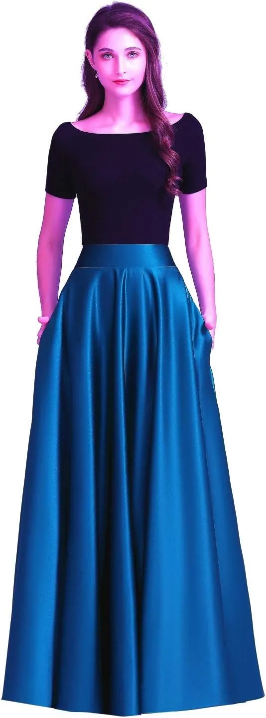 Women Long Satin Skirts A-Line Flared Maxi Skirts Floor Length Formal Prom Party Skirts with Pockets