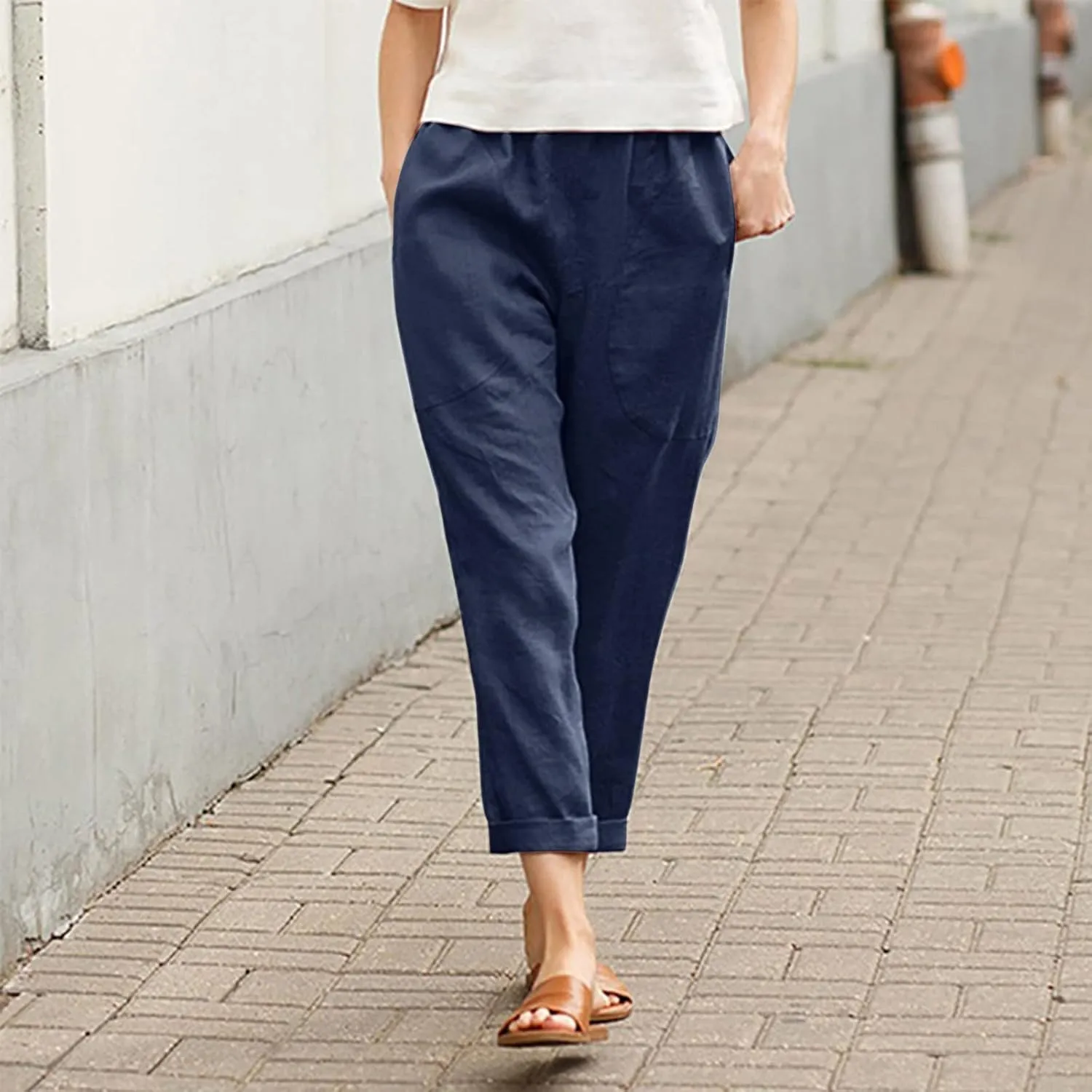 Women Straight Wide Leg Capris Pants Cotton Linen Summer Cropped Trousers Breathable Casual Solid Dress Pants with Pockets