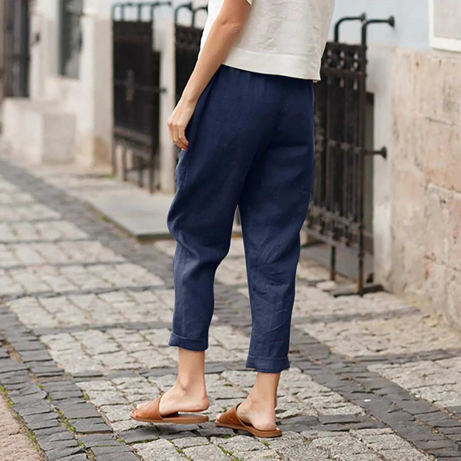 Women Straight Wide Leg Capris Pants Cotton Linen Summer Cropped Trousers Breathable Casual Solid Dress Pants with Pockets