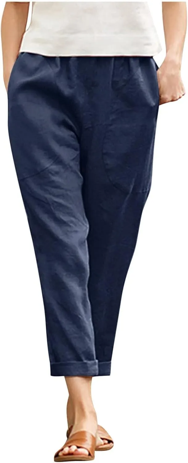 Women Straight Wide Leg Capris Pants Cotton Linen Summer Cropped Trousers Breathable Casual Solid Dress Pants with Pockets
