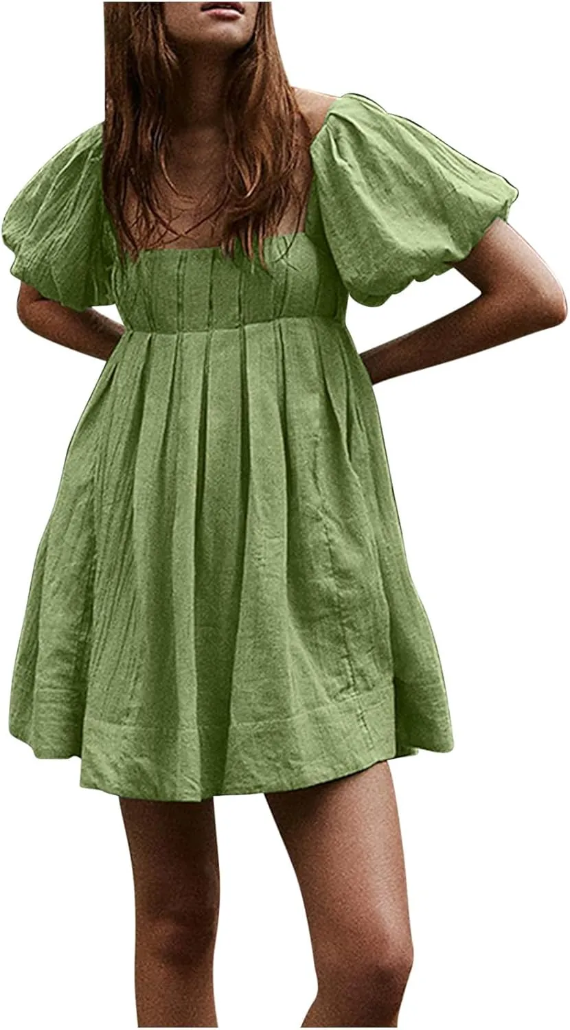 Women Summer Cotton Mini Dresses Square Neck Ruffle Sleeve Solid Color Simple Flowy Club Party Short Dress