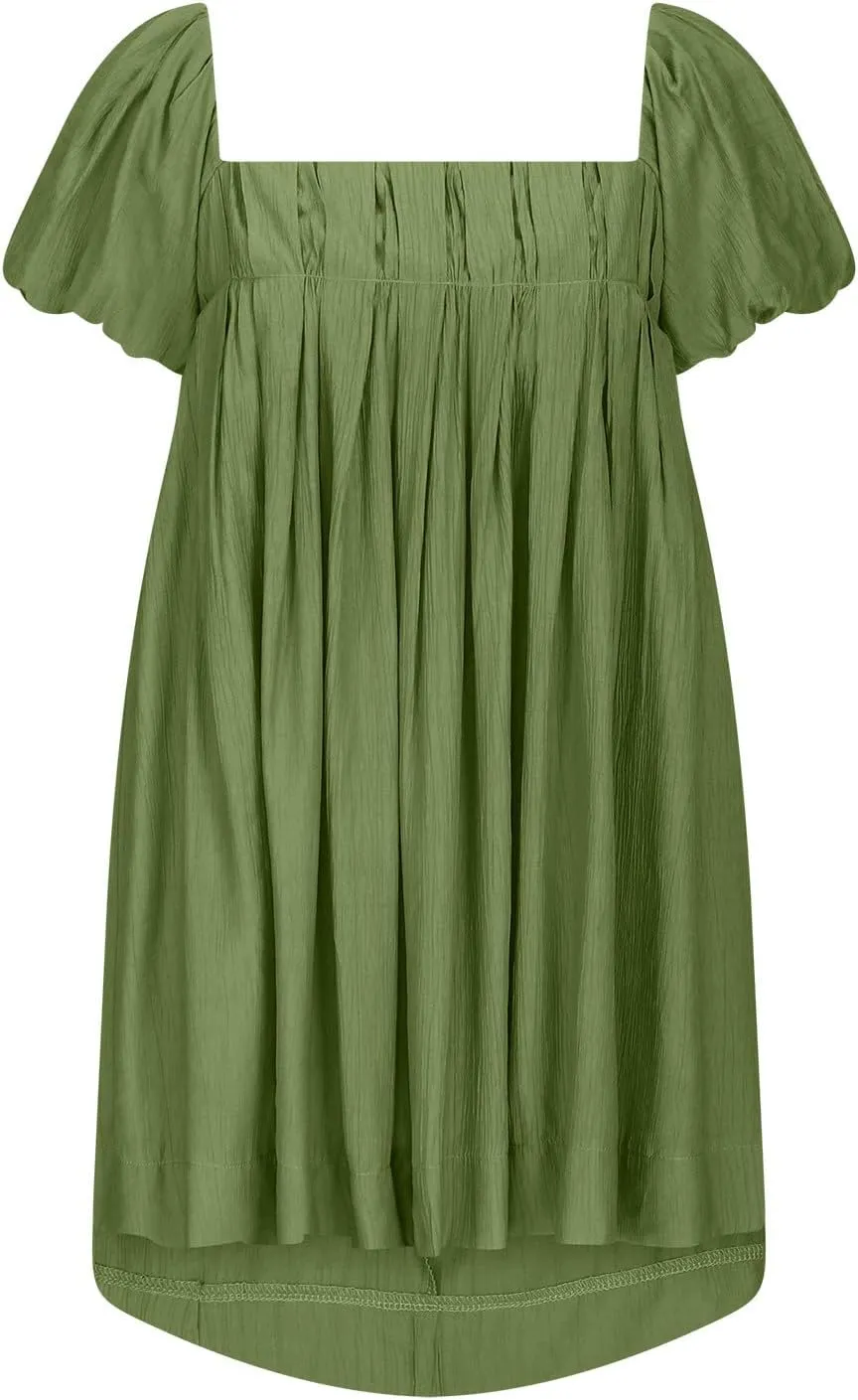 Women Summer Cotton Mini Dresses Square Neck Ruffle Sleeve Solid Color Simple Flowy Club Party Short Dress