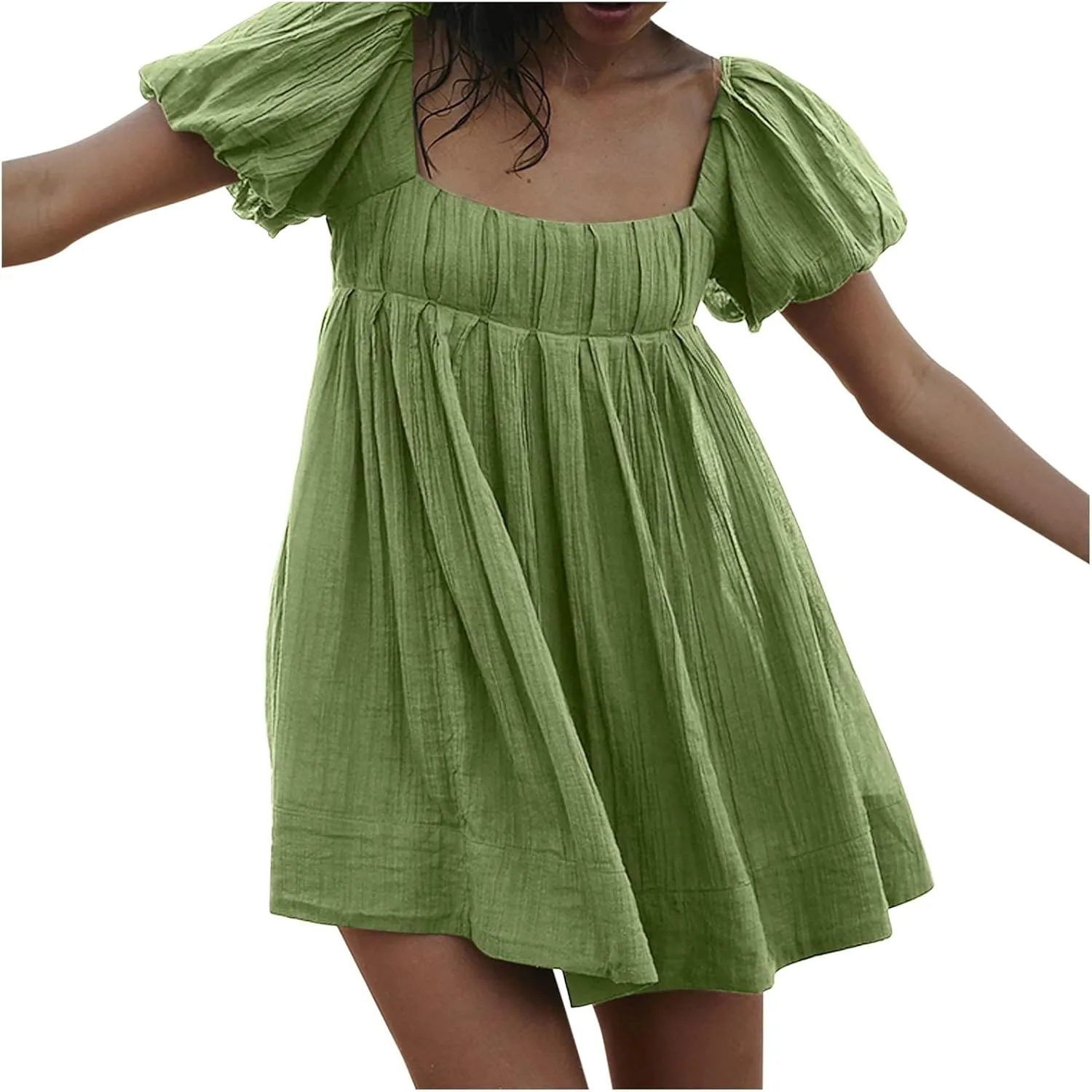 Women Summer Cotton Mini Dresses Square Neck Ruffle Sleeve Solid Color Simple Flowy Club Party Short Dress