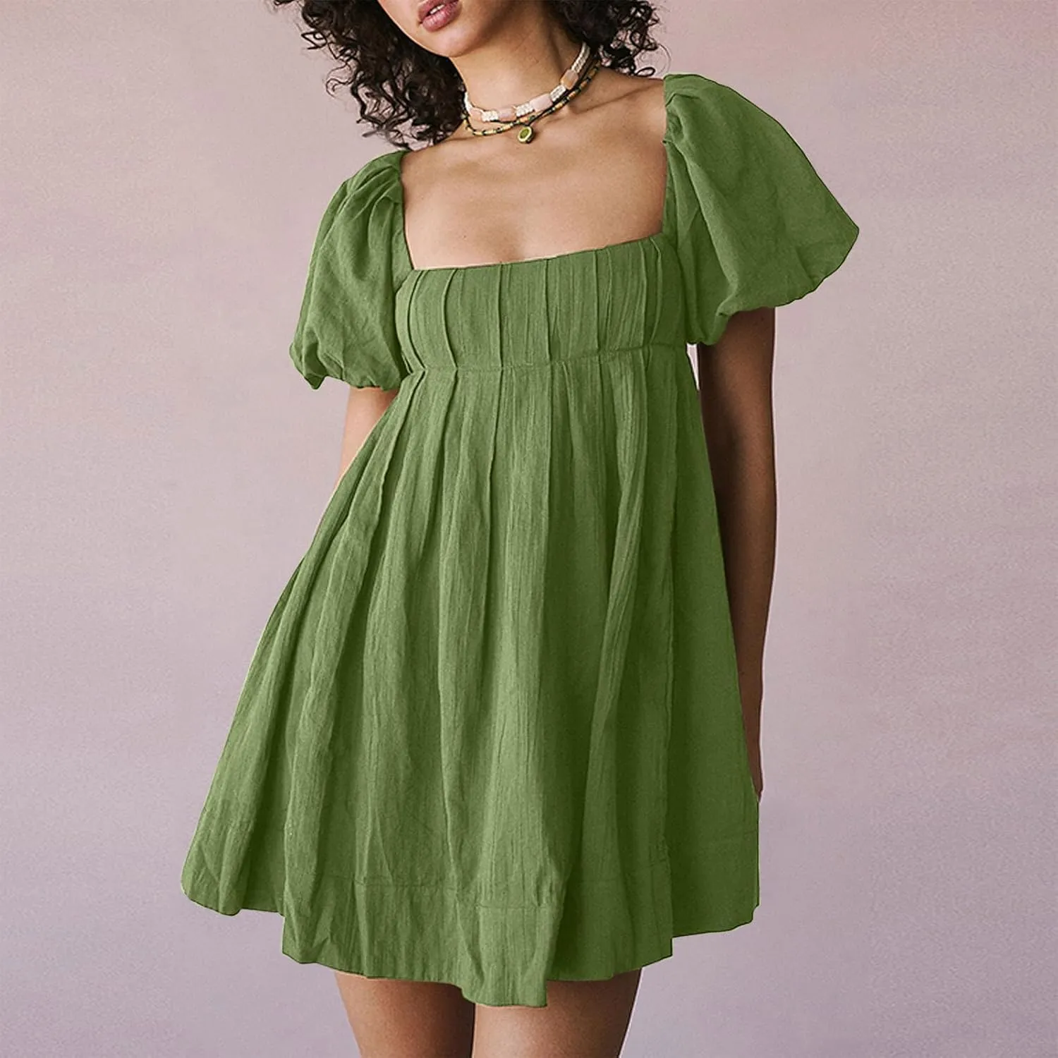 Women Summer Cotton Mini Dresses Square Neck Ruffle Sleeve Solid Color Simple Flowy Club Party Short Dress