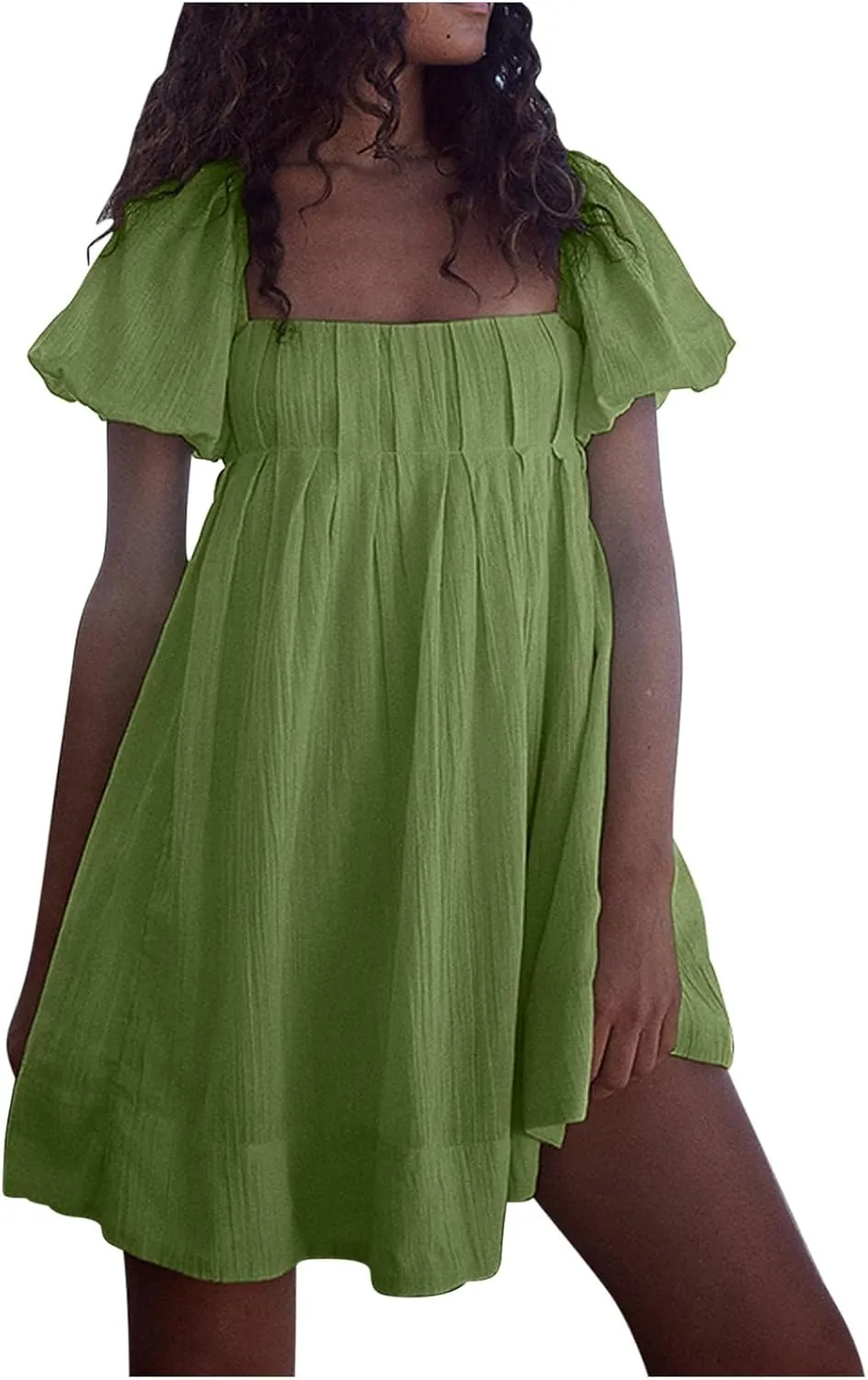 Women Summer Cotton Mini Dresses Square Neck Ruffle Sleeve Solid Color Simple Flowy Club Party Short Dress