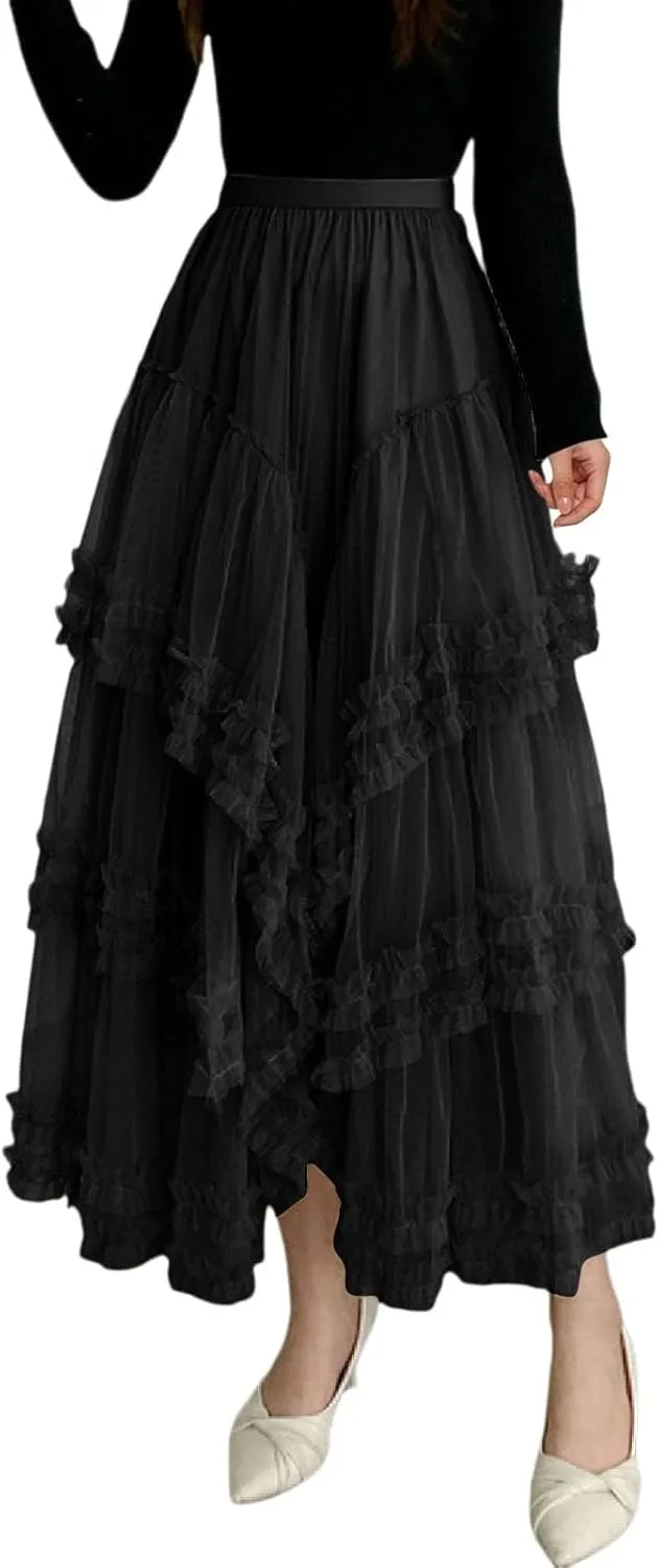 Women's A Line Tulle Party Dinner Tutu Skirt Brown Stretchy High Waisted Flared Skirt Womens Button Front Denim