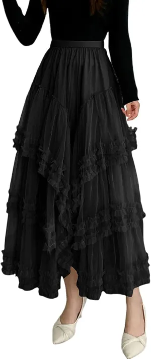 Women's A Line Tulle Party Dinner Tutu Skirt Brown Stretchy High Waisted Flared Skirt Womens Button Front Denim
