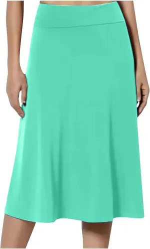 Womens Casual Stretchy Midi Skirt High Waisted Flared Knee Length Work Skirt Spring Summer A-Line Skirts Plus Size