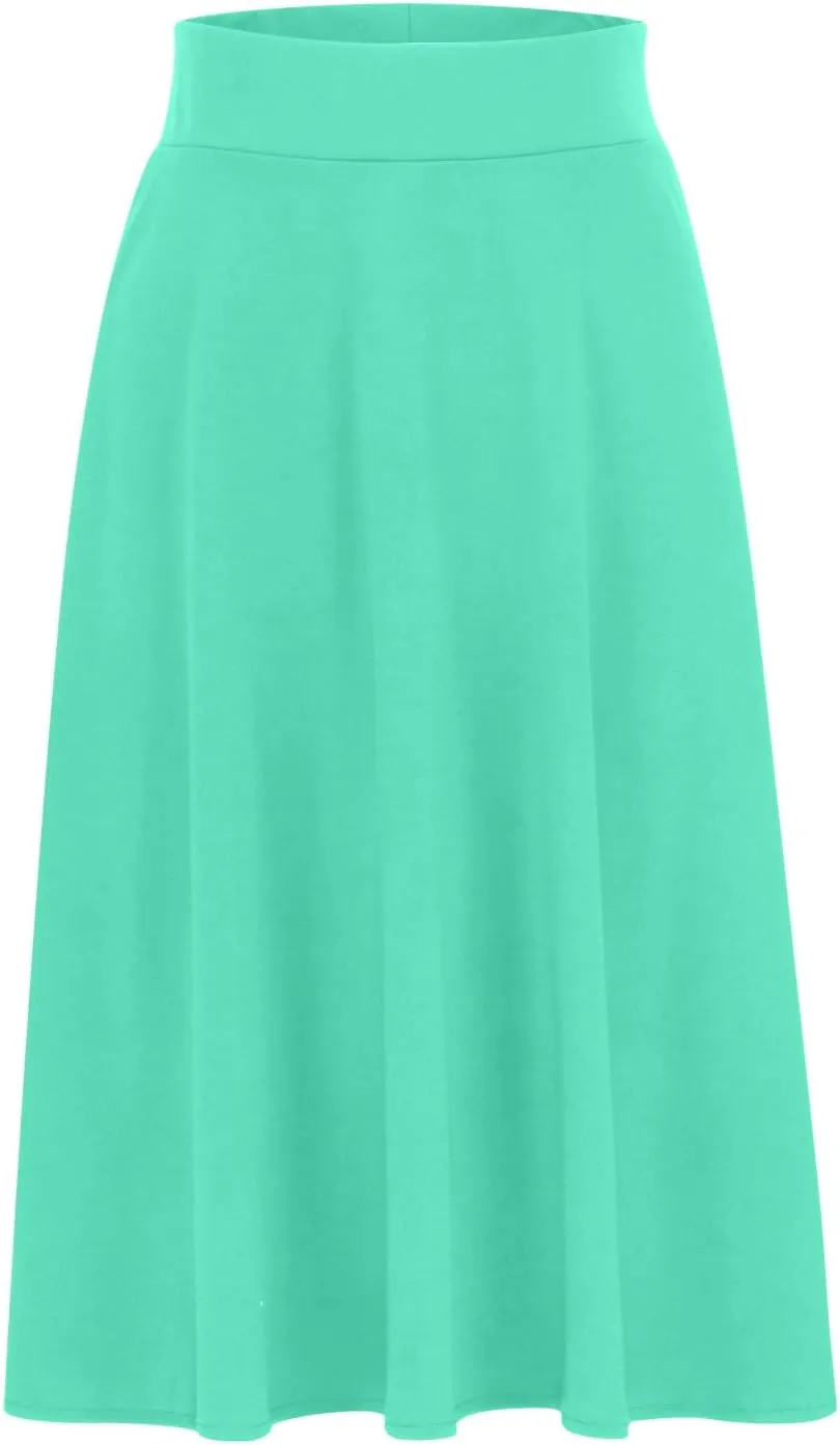 Womens Casual Stretchy Midi Skirt High Waisted Flared Knee Length Work Skirt Spring Summer A-Line Skirts Plus Size