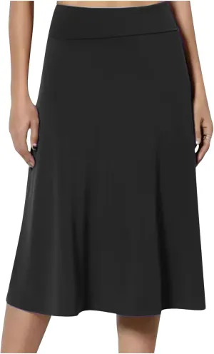 Womens Casual Stretchy Midi Skirt High Waisted Flared Knee Length Work Skirt Spring Summer A-Line Skirts Plus Size