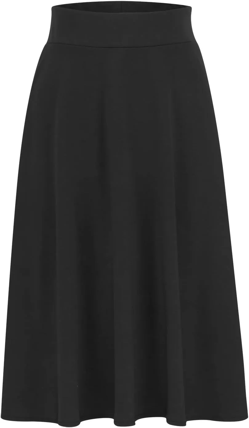Womens Casual Stretchy Midi Skirt High Waisted Flared Knee Length Work Skirt Spring Summer A-Line Skirts Plus Size
