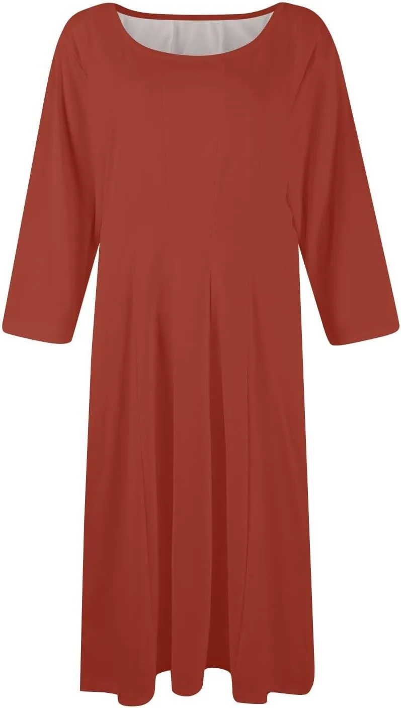 Womens Dress 3/4 Sleeve Summer Wrap Dress Plus Size Solid Plain Pleated Midi Dresses Spring Crewneck Dresses with Pocket