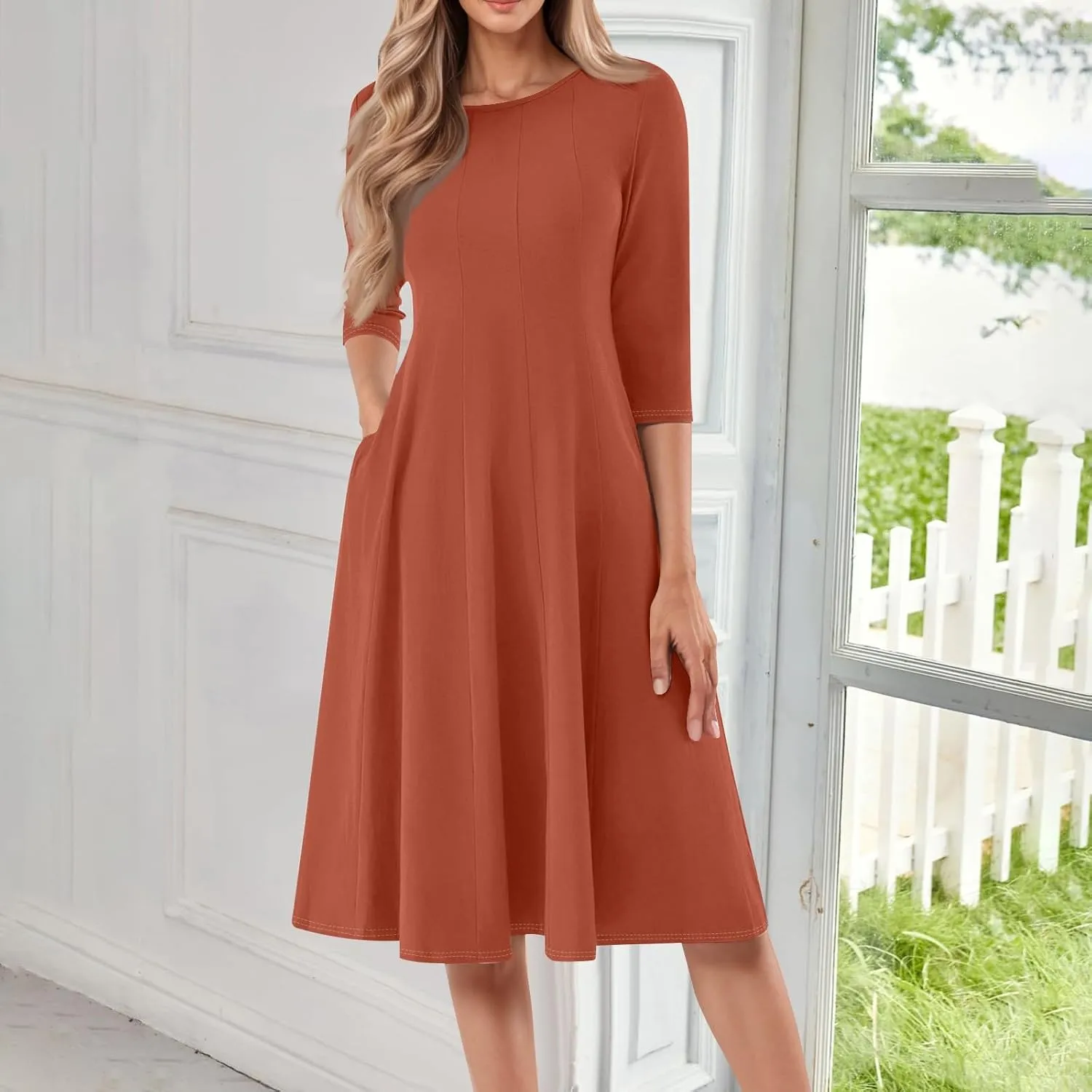 Womens Dress 3/4 Sleeve Summer Wrap Dress Plus Size Solid Plain Pleated Midi Dresses Spring Crewneck Dresses with Pocket