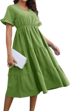 Womens Dresses Plus Size V Neck A Line Dress Summer Fashion Midi Casual Tiered Flowy Swing Loose Fit Dresses 2025