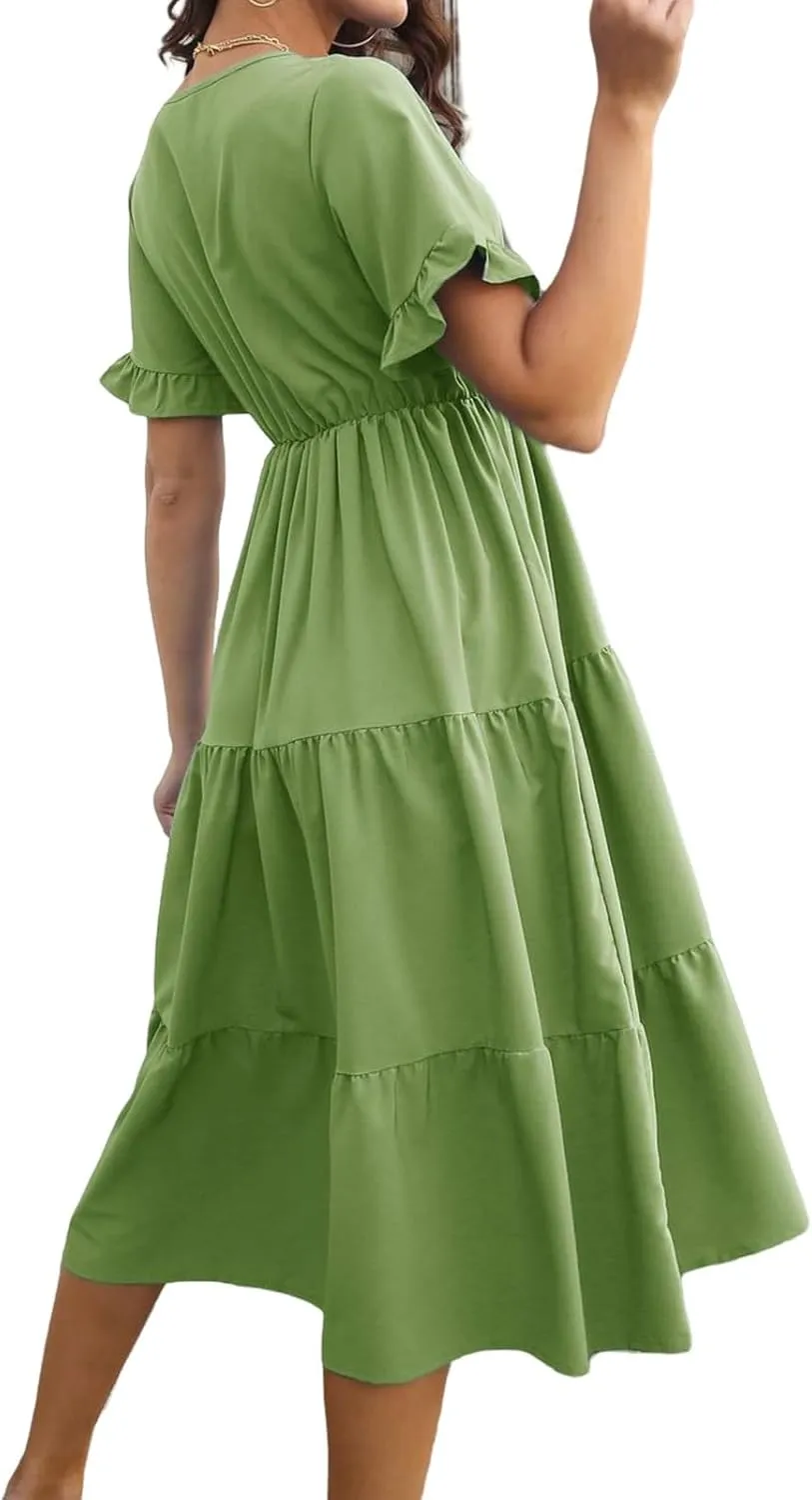 Womens Dresses Plus Size V Neck A Line Dress Summer Fashion Midi Casual Tiered Flowy Swing Loose Fit Dresses 2025