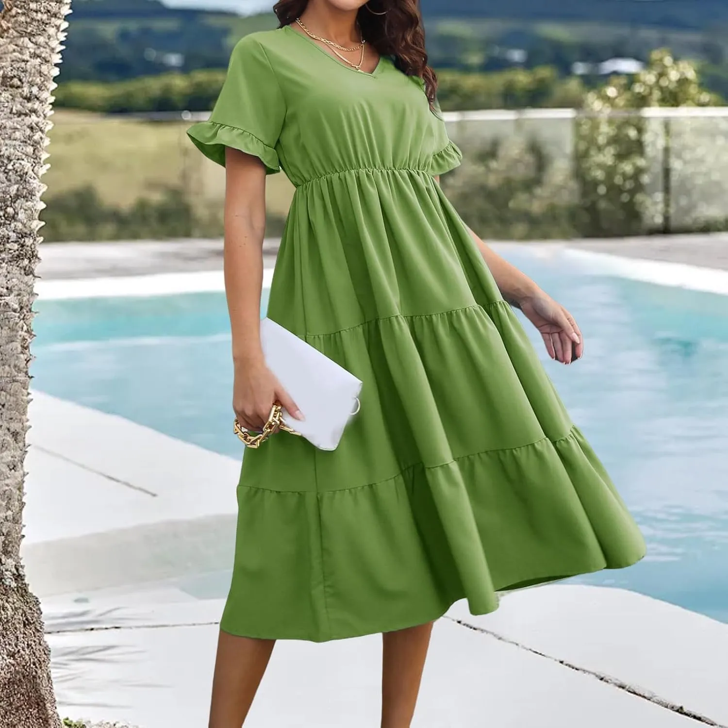 Womens Dresses Plus Size V Neck A Line Dress Summer Fashion Midi Casual Tiered Flowy Swing Loose Fit Dresses 2025