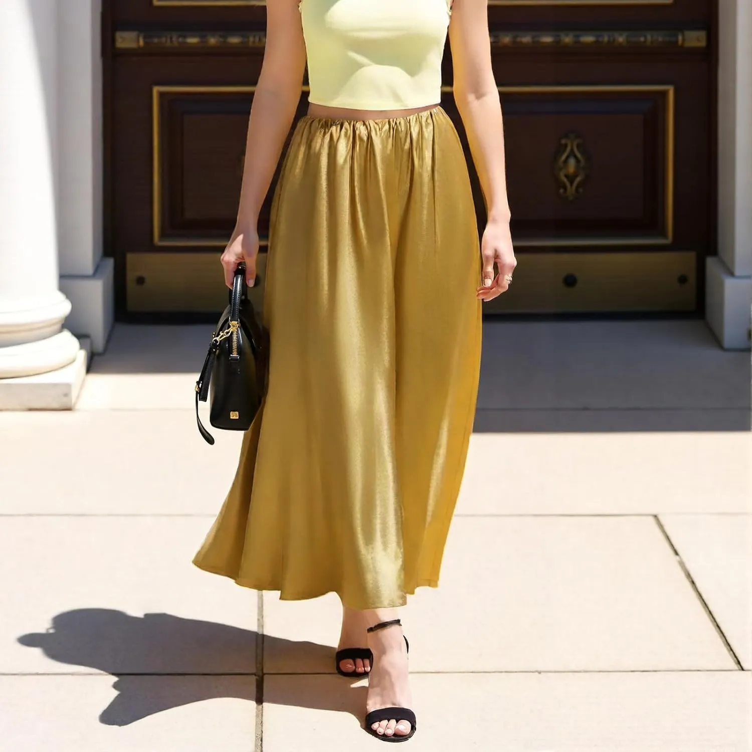 Women's Elegant Long Satin Skirt Summer Pleated Silk Dressy Hidden Elastic Waist Flared A-Line Midi Skirts