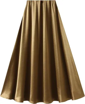 Women's Elegant Long Satin Skirt Summer Pleated Silk Dressy Hidden Elastic Waist Flared A-Line Midi Skirts