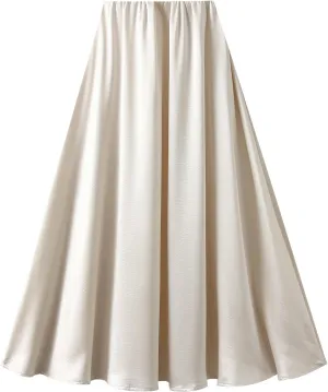 Women's Elegant Long Satin Skirt Summer Pleated Silk Dressy Hidden Elastic Waist Flared A-Line Midi Skirts