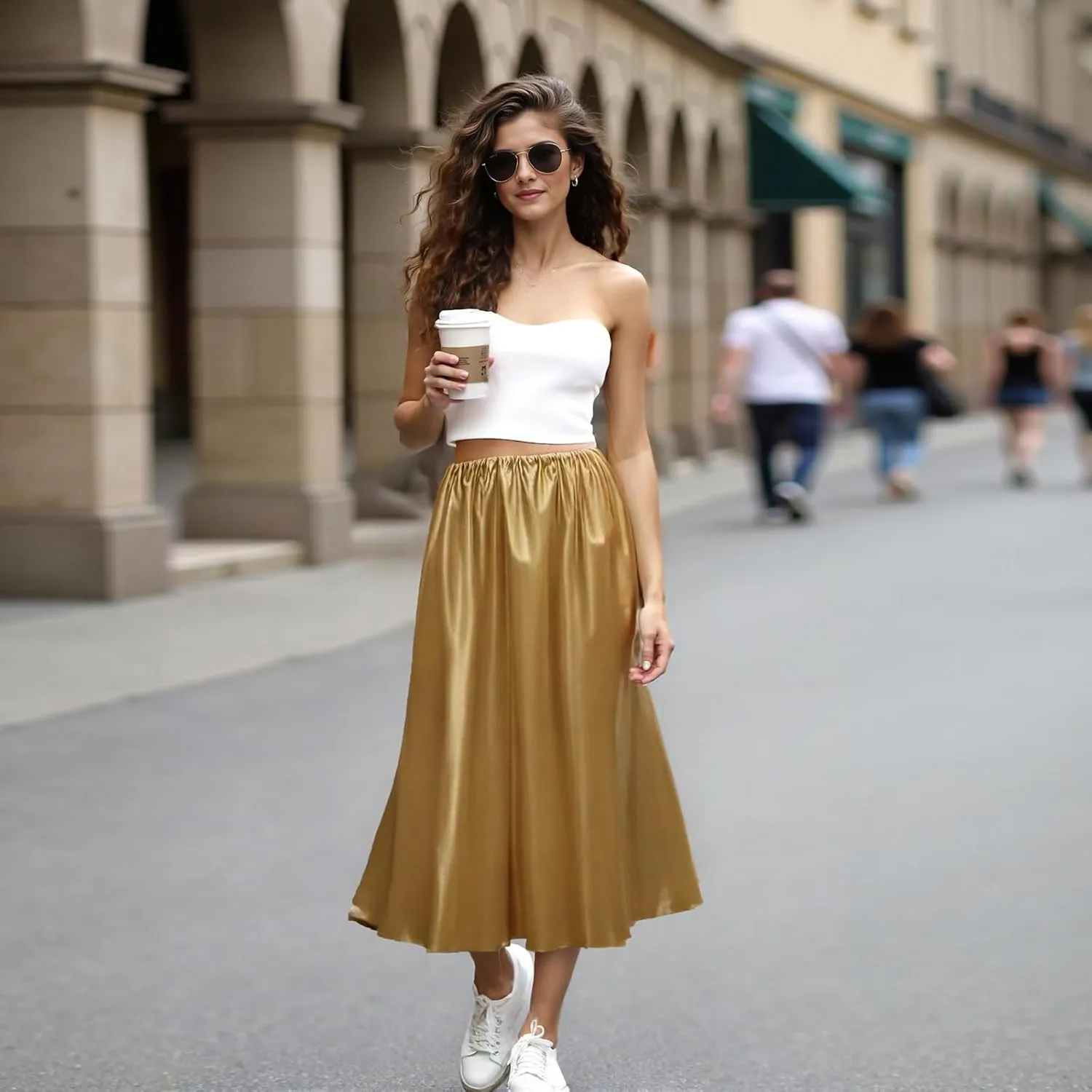 Women's Elegant Long Satin Skirt Summer Pleated Silk Dressy Hidden Elastic Waist Flared A-Line Midi Skirts