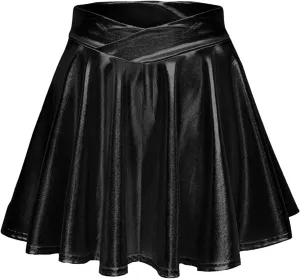 Women's Fashion High Waist Pleated Solid Color Short Skirt Loose Skirt Metallic Skater Skirt Sparkly Shiny Flared