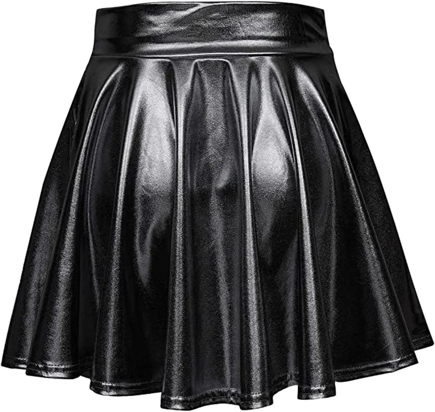 Women's Fashion High Waist Pleated Solid Color Short Skirt Loose Skirt Metallic Skater Skirt Sparkly Shiny Flared