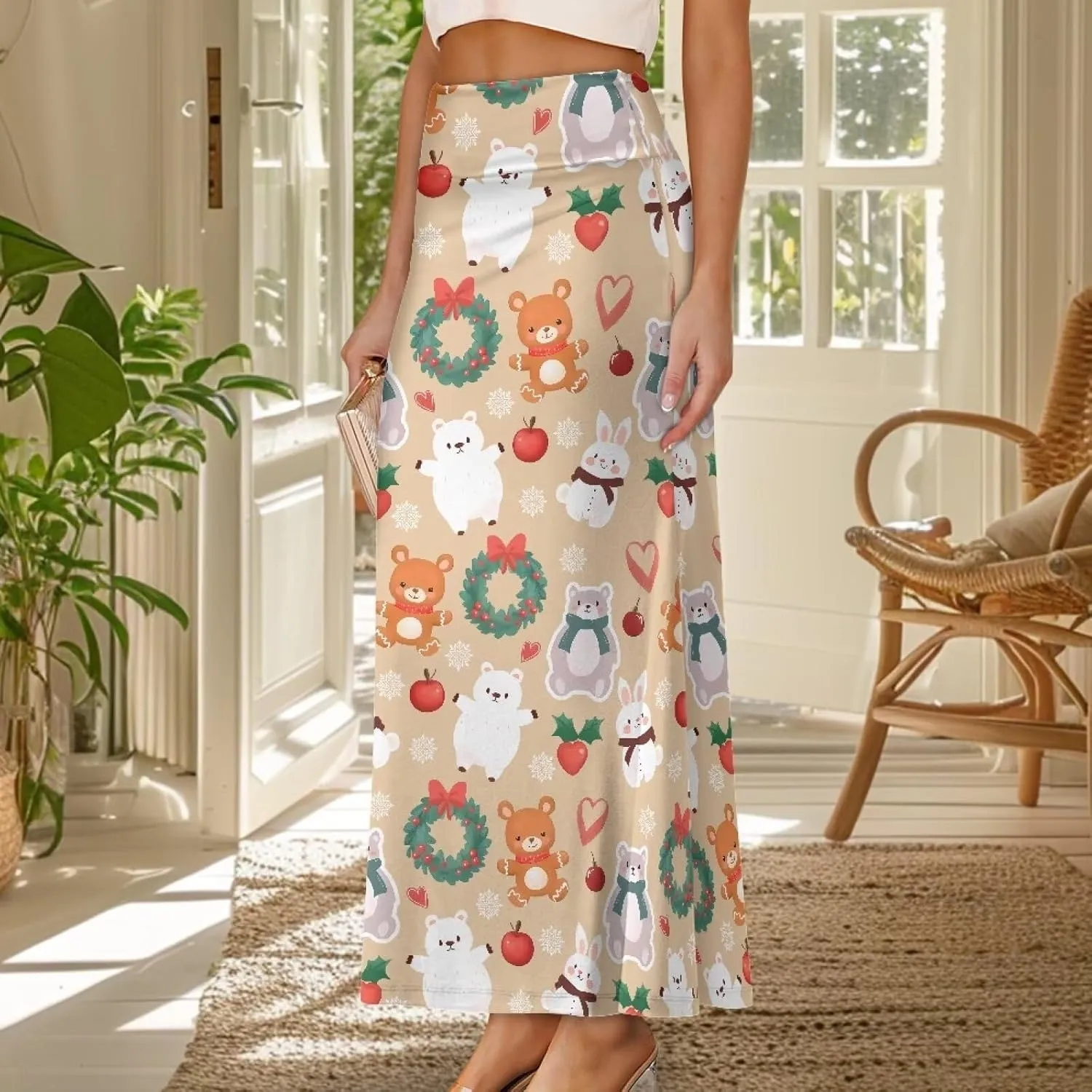 Women's Flared Midi Skirt Elastic High Waist Maxi Skirts Casual Flowy A Line Beach Long Skirt with Side Zipper