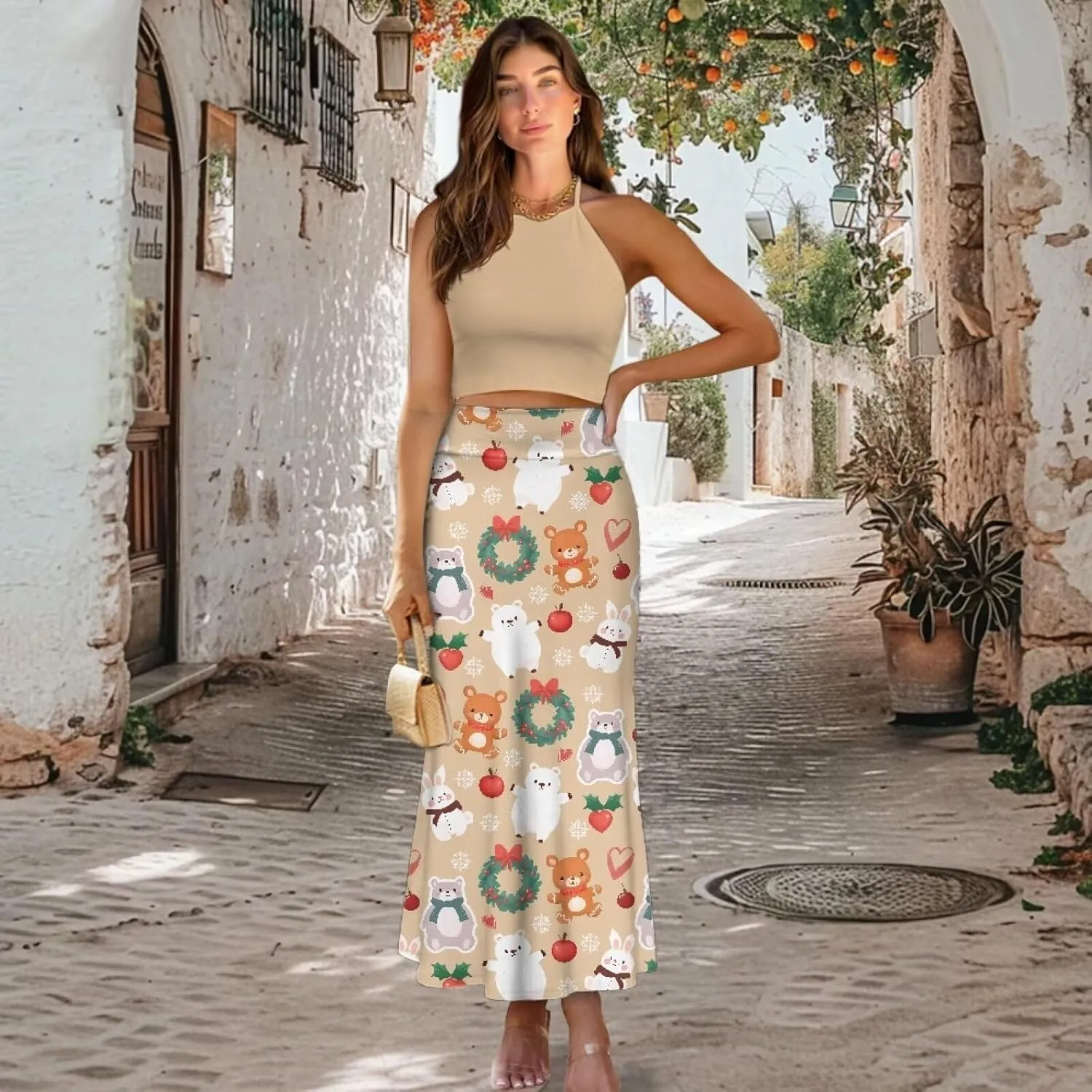 Women's Flared Midi Skirt Elastic High Waist Maxi Skirts Casual Flowy A Line Beach Long Skirt with Side Zipper