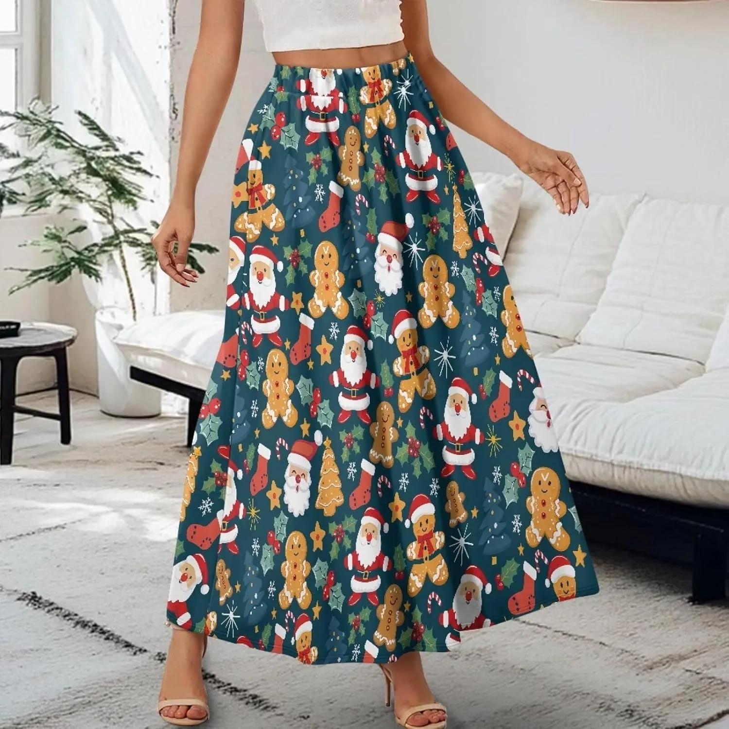 Womens Flowy Maxi Skirts Pleated Elastic High Waist Casual Long Skirts Flared Swing A-Line Skirts with Pockets