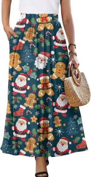 Womens Flowy Maxi Skirts Pleated Elastic High Waist Casual Long Skirts Flared Swing A-Line Skirts with Pockets