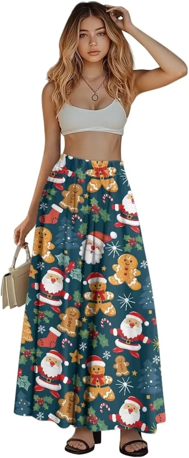 Womens Flowy Maxi Skirts Pleated Elastic High Waist Casual Long Skirts Flared Swing A-Line Skirts with Pockets