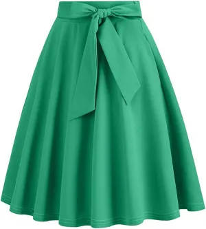 Women's High Waist A-Line Skirt Lace Up Flared Hepburn Midi Skirts Vintage Cocktail Party Swing Knee Length Skirt