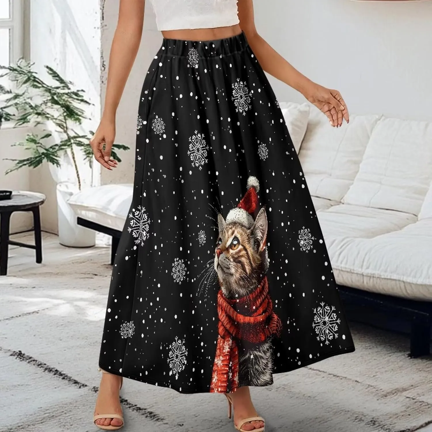 Womens Maxi Skirts High Waisted Flowy Ruffle Casual Swing Skirts Flared Casual A-Line Pleated Skirts for Women