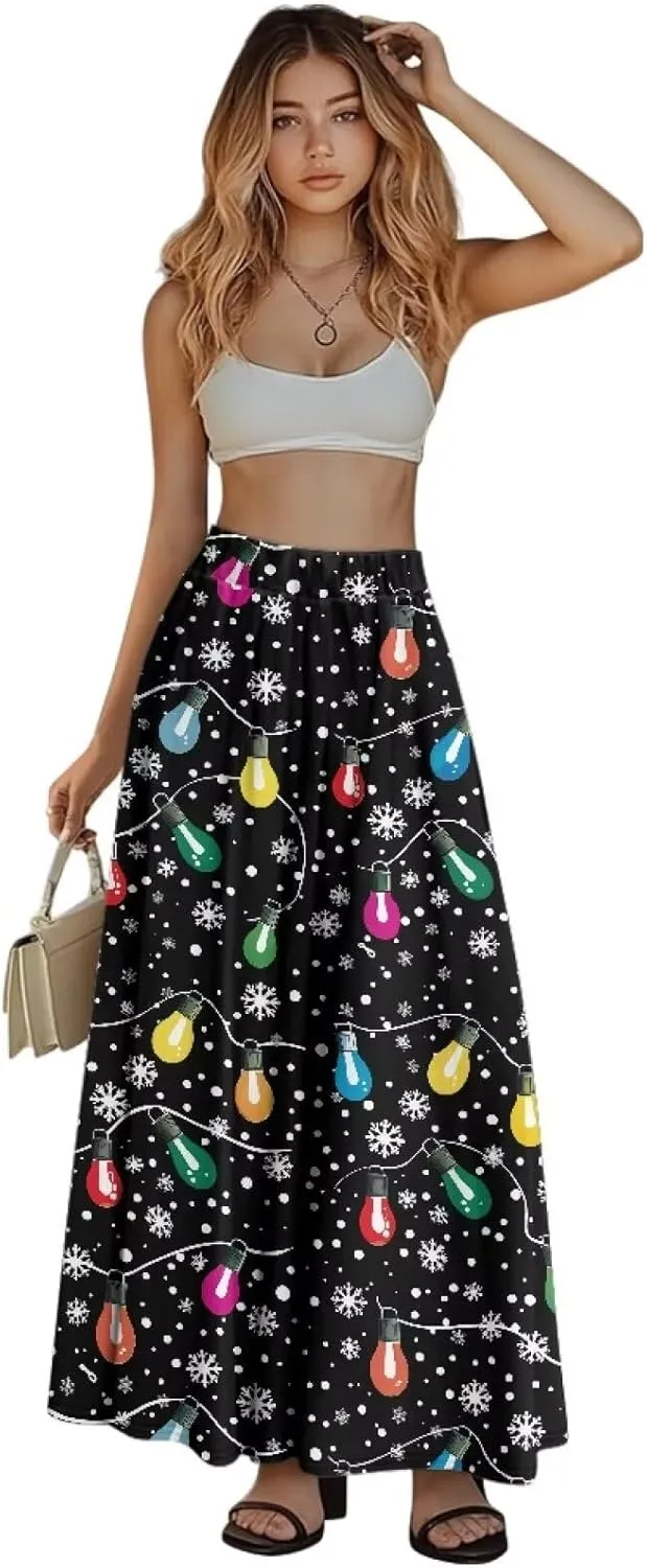 Womens Maxi Skirts High Waisted Flowy Ruffle Casual Swing Skirts Flared Casual A-Line Pleated Skirts for Women