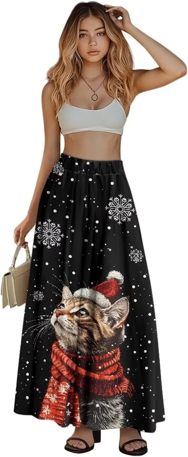 Womens Maxi Skirts High Waisted Flowy Ruffle Casual Swing Skirts Flared Casual A-Line Pleated Skirts for Women